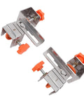 Large Adjustable Stainless Steel Drawer Panel Fixing Clamps Heavy Duty Installation Fixture With Knockout Grip close-up on two clamps with orange grips.