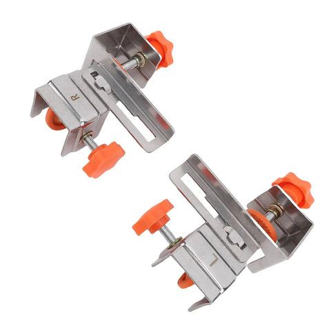 Large Adjustable Stainless Steel Drawer Panel Fixing Clamps Heavy Duty Installation Fixture With Knockout Grip close-up on two clamps with orange grips.