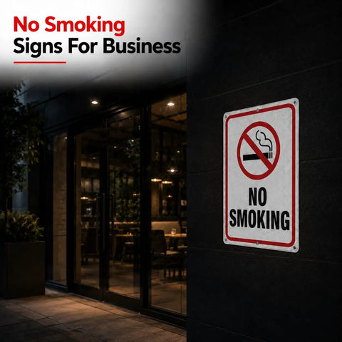 Heavy Duty No Smoking Signs For Business And Restaurants, 10 X 7 Inch Aluminum Metal No Vaping Wall Plaque With Rounded Edges, Rust Free Easy Hang Indoor Outdoor 4 Pack on building exterior.