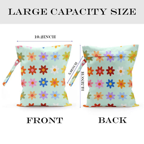 Front and back view of Waterproof Wet Bag And Travel Buddy For Swimwear, Diapers, Gym Clothes, Toiletries, And Makeup, Reusable 26x32 cm, daisy floral pattern, dimensions shown.
