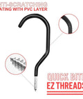 Close-up of black hook with PVC layer coating and screw threads from Four Pack Heavy Duty Bike Hook Set For Garage Ceiling And Wall Storage Hangers