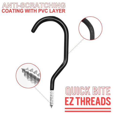 Close-up of black hook with PVC layer coating and screw threads from Four Pack Heavy Duty Bike Hook Set For Garage Ceiling And Wall Storage Hangers