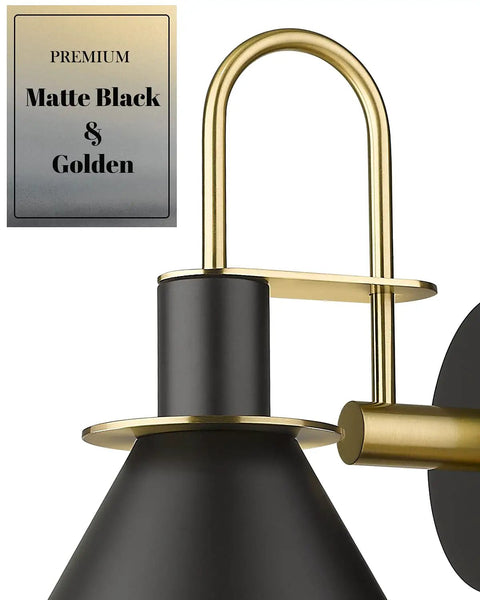 Close-up of the Set Of 2 Industrial Wall Sconce Lights Modern 1 Light Vanity Fixtures in Matte Black with Brushed Gold Interior