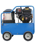 Side view of a blue Hot Water Pressure Washer 4000 PSI 4 GPM Gas Powered With 420cc 13.5HP Engine And AR Pump, industrial cleaning unit.