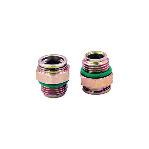Transmission Oil Cooler Line Connectors With Clip For Chevy 3/8 Tube X 5/8-18 Thread Stops Leaks, two metal adapters visible.