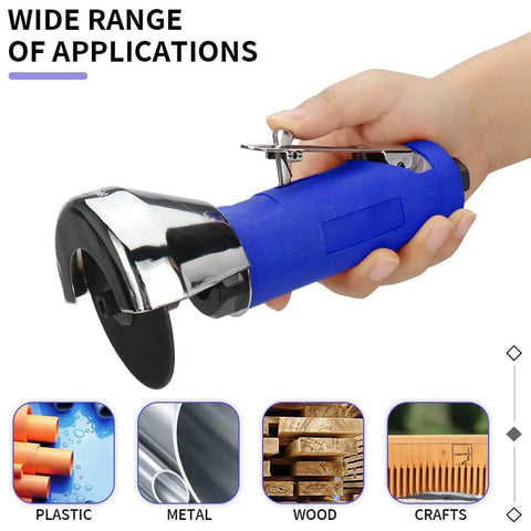 Hand holding Beefy Upgraded 3 Inch Air Cut Off Tool With 5 Die Grinder Cutting Wheels for metal, wood, plastic crafts.