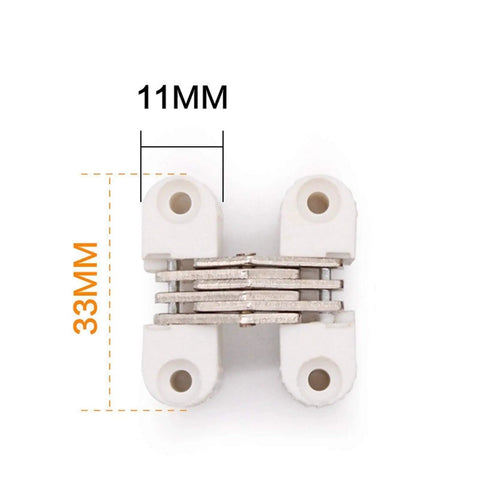 4 Piece Rock Solid White Hidden Hinges 33X11Mm Foldable Cross Hinges For Doors Windows Furniture Table Repair Heavy Duty Plastic With Reinforced Core Non Fading Coating Plug And Play Setup For Quick Fixes, showing size markings.