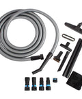 Pro Grade 20 Foot Vacuum Hose Kit With Dust Collection Adapters And Full Attachment Set For Home And Shop Vacuums Compatible With Three Quarter Inch To One And One Half Inch Fittings Flexible Commercial Grade shown with hose, adapters, and attachments, ideal for various fittings.