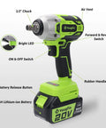 Cordless Half Inch Impact Wrench Kit With 400 Nm Torque, 20V Brushless Motor shown with labeled parts