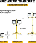Adjustable and foldable tripod for Security Lights Led Flood Light 2X100W 5000K Led Work Light with 100In, showing height settings.