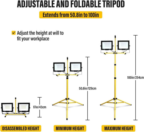 Adjustable and foldable tripod for Security Lights Led Flood Light 2X100W 5000K Led Work Light with 100In, showing height settings.