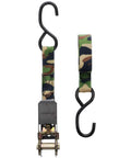 Super Solid Camo Ratchet Straps 1 Inch By 8 Feet Tie Down Cargo With Vinyl Coated S Hooks 300 Lb Working Strength 900 Lb Break Rating To Keep Your Rig Locked In Tight For Daily Work Or Weekend Adventures 4 Pack showing a camo strap with hook.