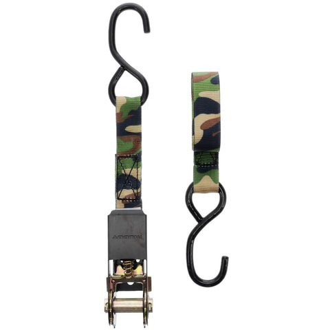 Super Solid Camo Ratchet Straps 1 Inch By 8 Feet Tie Down Cargo With Vinyl Coated S Hooks 300 Lb Working Strength 900 Lb Break Rating To Keep Your Rig Locked In Tight For Daily Work Or Weekend Adventures 4 Pack showing a camo strap with hook.