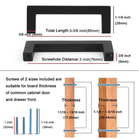 Diagram showing Oil Rubbed Bronze Cabinet Pulls 3 Inch 10 Pack Solid Metal Handles with dimensions and screw compatibility guide.