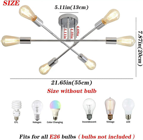Six Light E26 Sputnik Semi Flush Mount Ceiling Light Fixture For Kitchen Dining Living Room Bedroom Foyer Dope Industrial Style UL Listed Fully Dimmable With Compatible Bulbs And Dimmer with dimensions and bulb types