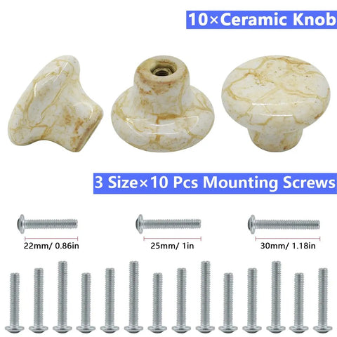 10 Pack Handcrafted Ceramic Cabinet Knobs Featuring Gorgeous Granite Marble Finish with 10 screws of 3 sizes for dressers.