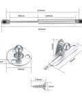 Diagram of 100N soft close cabinet gas struts with dimensions and components, ideal for cabinets and storage boxes.