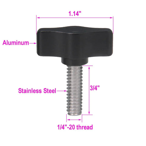 Straight Up Tough Four Pack 1/4x3/4 Inch Thumb Screws with 1.14 inch aluminum knob and stainless steel thread.