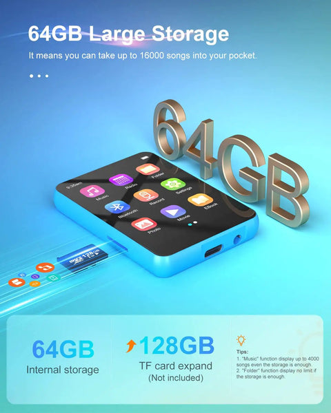 Image showing 64GB storage capacity of the 64GB 2.4 Inch Full Touch MP3 Player With Bluetooth 5.3 Dope Sound Portable HiFi Music Player.
