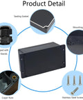 IP65 Waterproof ABS Plastic Electrical Project Box With Fixed Ear in Black showing details like sealing gasket and copper nuts