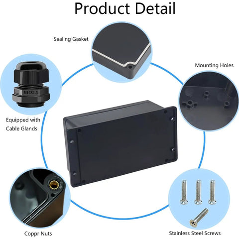 IP65 Waterproof ABS Plastic Electrical Project Box With Fixed Ear in Black showing details like sealing gasket and copper nuts
