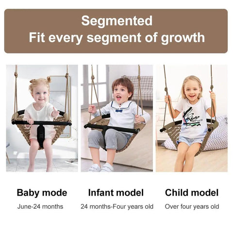 Three images showcasing 'Two In One Baby And Toddler Swing With Adjustable Rope Seat For Indoor And Outdoor Fun, Kid Friendly, Durable Backyard Swing Set For Infants And Toddlers, Light Brown' in different growth stages: baby, infant, and child models.