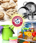 Go To Everyday Baking Soda 16 Oz Pack Of 24 for versatile cleaning, shown with cookies, cookware, cleaning bucket, and fridge items