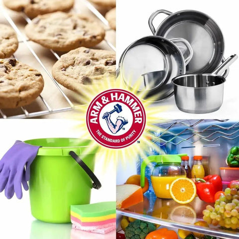 Go To Everyday Baking Soda 16 Oz Pack Of 24 for versatile cleaning, shown with cookies, cookware, cleaning bucket, and fridge items
