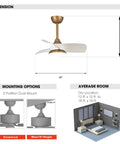 Compact Ceiling Fan With Remote And LED Light For Bedroom And Covered Patio 28 Inch Three Blade Brass Body dimensions and mounting