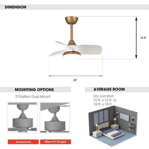 Compact Ceiling Fan With Remote And LED Light For Bedroom And Covered Patio 28 Inch Three Blade Brass Body dimensions and mounting