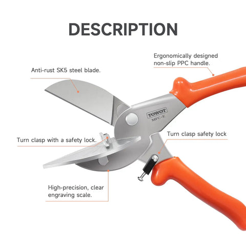 Multi Angle Miter Shear Cutter With Adjustable 45 To 135 Degrees And Safety Lock showcasing ergonomic handle and steel blade