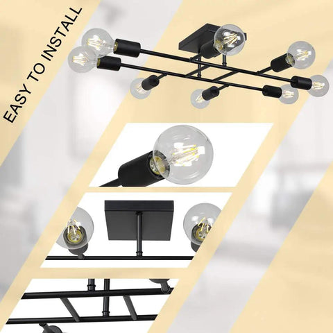 8 Light Sputnik Ceiling Light In Black Flush Mount With E26 Base, Industrial Vintage Chandelier for dining room and kitchen details