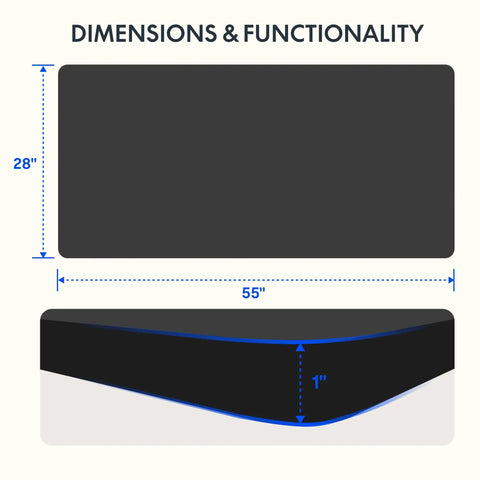 Dimensions of En2 Standing Desk With Clamp Power Strip And Built-In USB Outlets, Electric Height Adjustable Sit-Stand Desk With Cable Management, 55 by 28 inches, black frame and top, shown with thickness details.