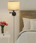 Wall-mounted lamp with a beige Set Of 2 Linen Drum Lamp Shades For Table And Floor Lamps, 13 Inch Diameter, 9 Inch High, Fits E26/E27 Socket.