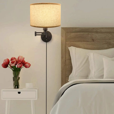 Wall-mounted lamp with a beige Set Of 2 Linen Drum Lamp Shades For Table And Floor Lamps, 13 Inch Diameter, 9 Inch High, Fits E26/E27 Socket.