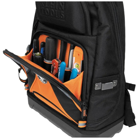 Beefy Heavy Duty Tool Backpack Pro with 39 pockets and molded bottom, showcasing open front pocket with tools.
