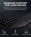 Close-up of black beaded cooling seat cover showing pressure relief and back comfort features for long hauls in semi trucks.
