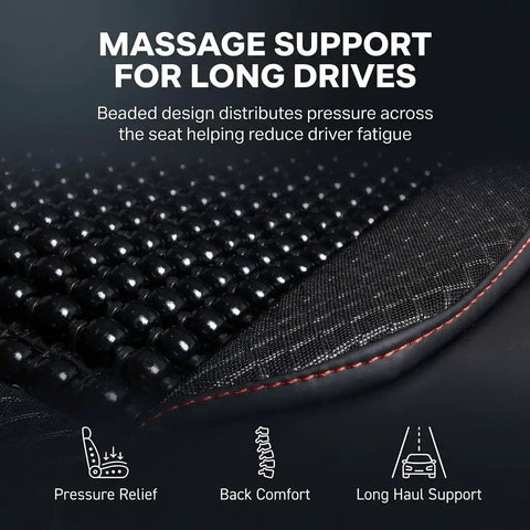 Close-up of black beaded cooling seat cover showing pressure relief and back comfort features for long hauls in semi trucks.