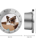 Stainless Steel Kitchen Timer With Magnetic Base, Compact 3.1 Inch Dial, shows a dog image, side view, durable and easy to read.
