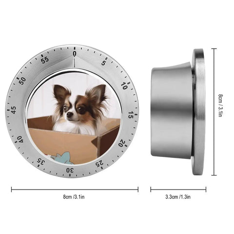 Stainless Steel Kitchen Timer With Magnetic Base, Compact 3.1 Inch Dial, shows a dog image, side view, durable and easy to read.