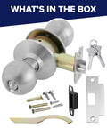 Door Knob Cylindrical Lock With Keyed Entry In Satin Stainless Steel Finish Left Or Right Hand Adjustable UL Certified US32D ANSI BHMA Grade 2 Heavy Duty Commercial Door Hardware Embassy Series, including installation components and keys.