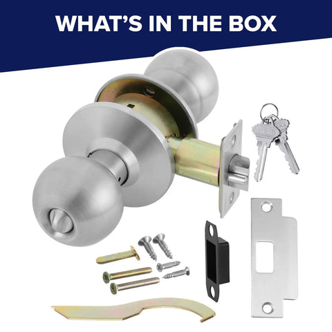 Door Knob Cylindrical Lock With Keyed Entry In Satin Stainless Steel Finish Left Or Right Hand Adjustable UL Certified US32D ANSI BHMA Grade 2 Heavy Duty Commercial Door Hardware Embassy Series, including installation components and keys.