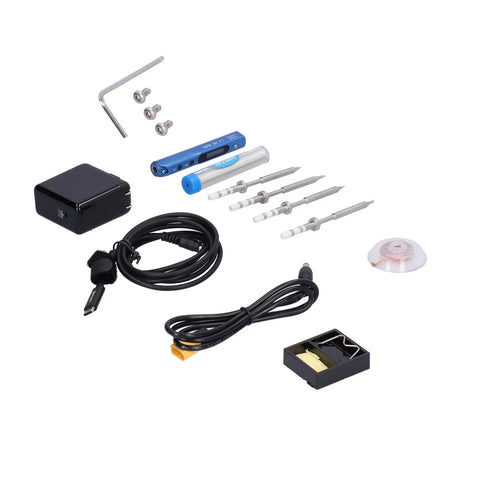 Top Tier Jauarta Mini Electric Soldering Iron Kit With Power Adapter Plus 4 Interchangeable Tips For Welding Work At Any Time Using USB Power Supply In Cool Blue Color, set of tools including power adapter and tips.