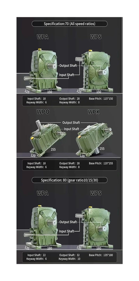 Heavy Duty Gearbox Worm Gear Reducer With Iron Shell And Time Delay for High Torque in Small Motors, WPA and WPO models with specs.