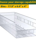 Hella Sturdy Boss Level Heavy Duty 18 By 36 By 74 Inch Chrome Wire Utility Rack With 25 Clear Slanted Storage Bins For Garage Workshop Tool Organization And Workspace Setup, clear storage bin, 17.9" x 6.6" x 4", versatile use.