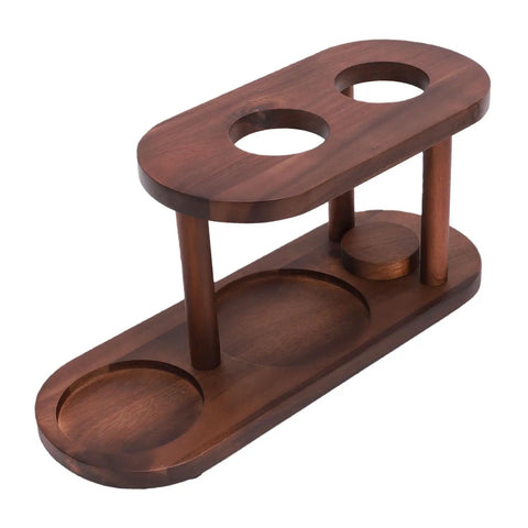 Sleek Solid Wood Pour Over Coffee Station With Elevated Brewing Platform And Dope Spacious Organizer side view showing circular cutouts and natural finish.