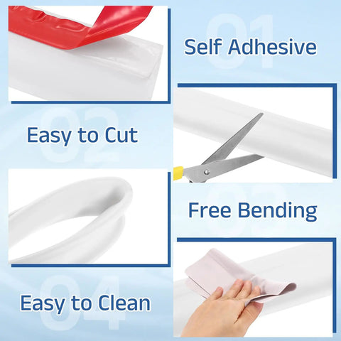 Flexible Shower Water Barrier Edge Guard 118 Inch TPE Splash Stopper shown with features: self-adhesive, easy to cut, bend, clean.