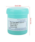 RMA-223-UV Solder Flux Paste For CSP BGA PCBs, 100g container with dimensions labeled on side