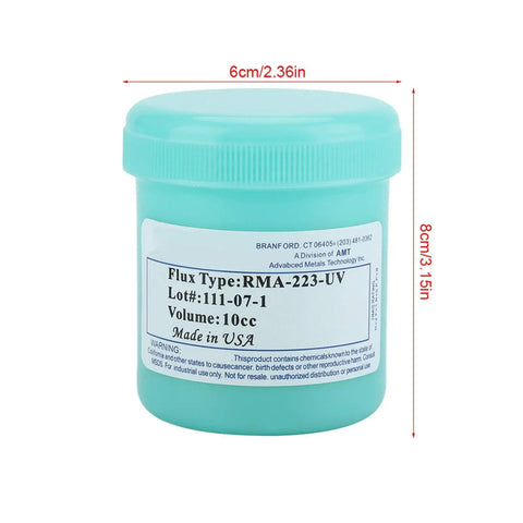 RMA 223 Solder Flux Paste 100g Pro Grade Soldering Paste container with dimensions labeled 6cm by 8cm made in USA