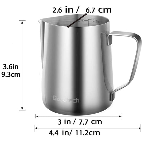 Stainless Steel Milk Frothing Pitcher 12 Oz 350ml For Latte Art And Creamy Foam, dimensions and ergonomic handle visible